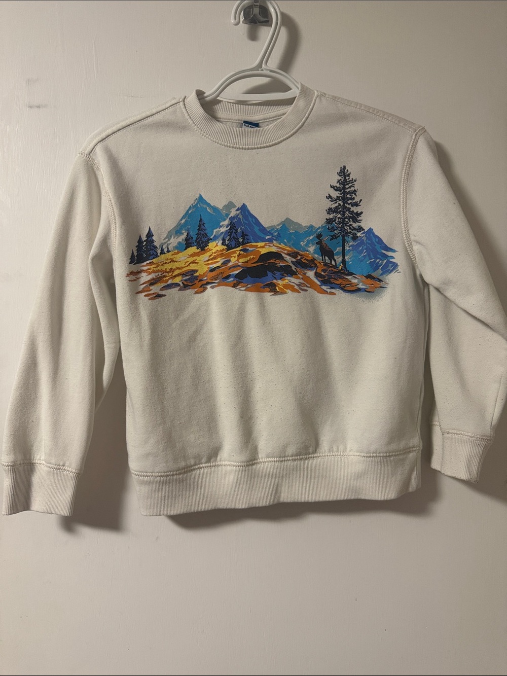 Old Navy Boys Cream Crewneck Sweatshirt with Mountain Graphic, size 8